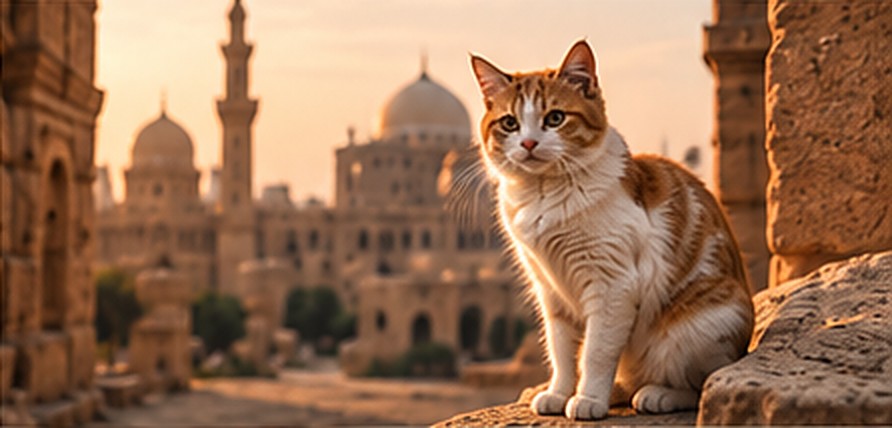A ginger and white cat resting on old stone in Cairo, mosques glowing behind