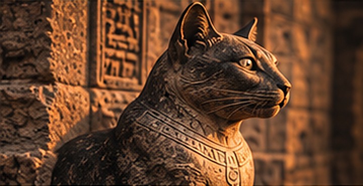 A carved stone statue of an Egyptian cat