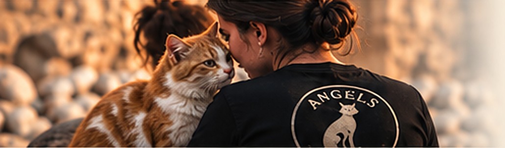 An Angels of Egypt volunteer holding a ginger and white rescue cat