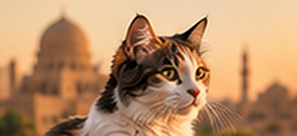 A calico cat in front of a Cairo mosque at sunset