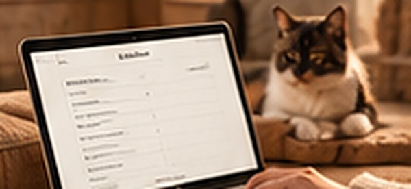 An adopter filling in the online application on a laptop, a cat resting nearby