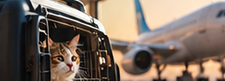 A cat in a travel carrier beside a plane on the runway
