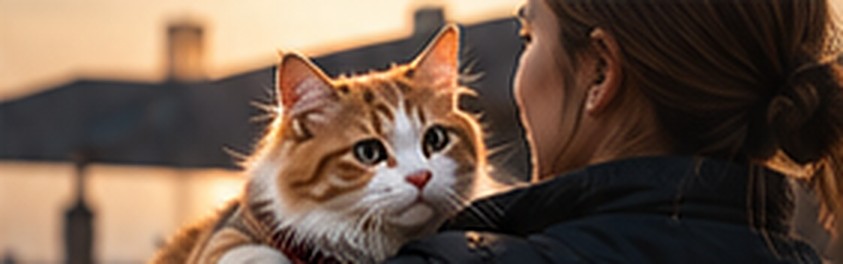 A new adopter holding her ginger and white cat at the airport