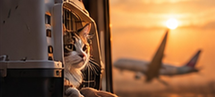 A cat peeking out of a travel carrier as a plane takes off at sunset